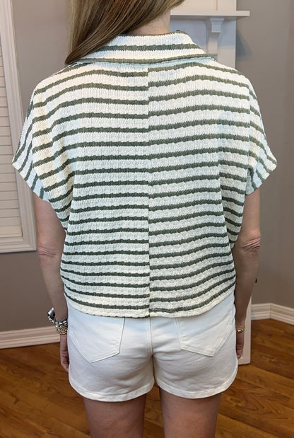 Zenana Striped Split Neck Collared Top