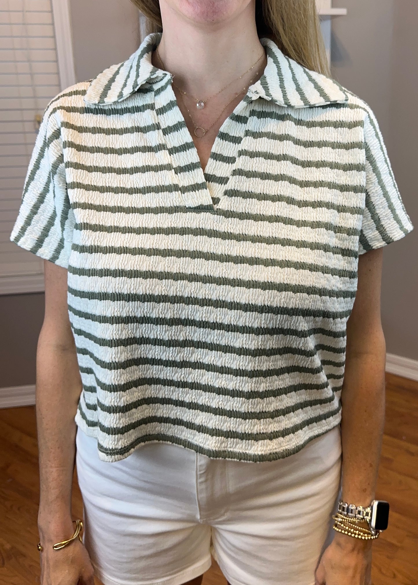 Zenana Striped Split Neck Collared Top