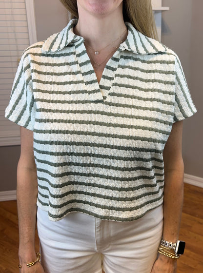 Zenana Striped Split Neck Collared Top