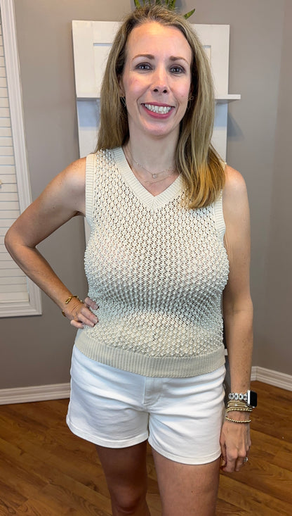 BiBi Knitted Beaded Pearl V Neck Sleveless Top