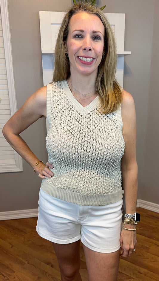 BiBi Knitted Beaded Pearl V Neck Sleveless Top