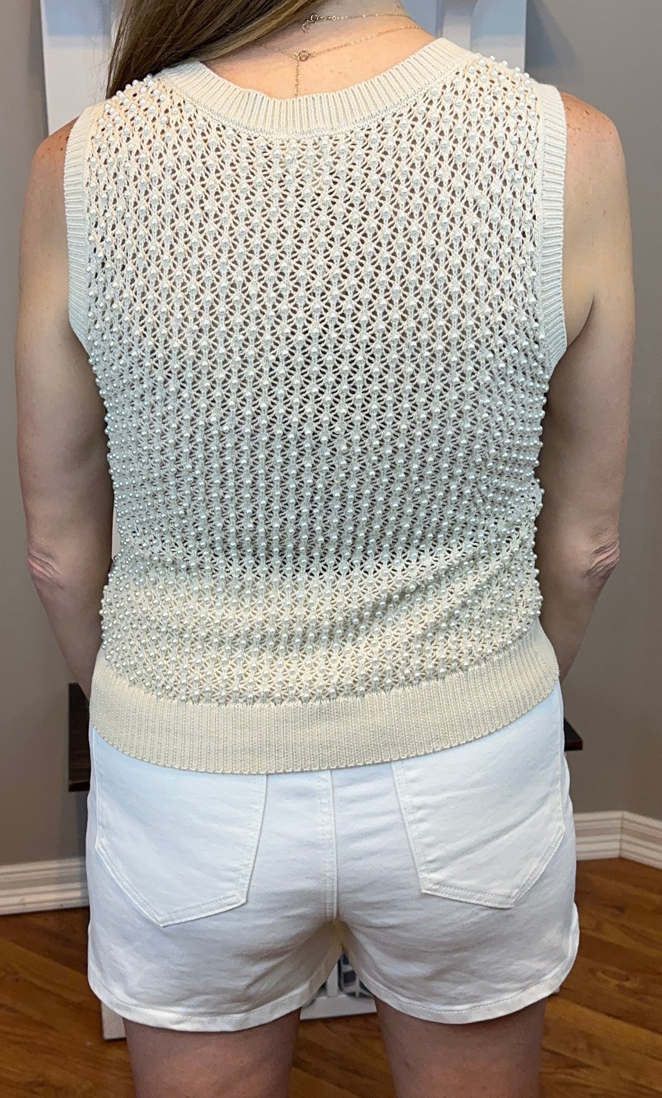 BiBi Knitted Beaded Pearl V Neck Sleveless Top