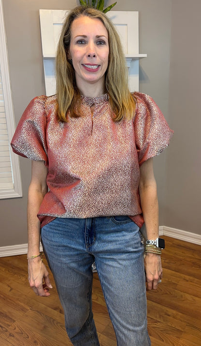 BiBi Jacquard Woven Short Balloon Sleeves V Neck Top