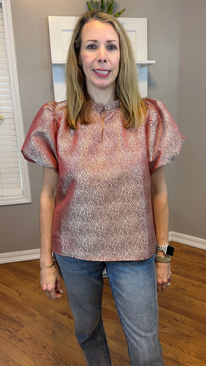 BiBi Jacquard Woven Short Balloon Sleeves V Neck Top
