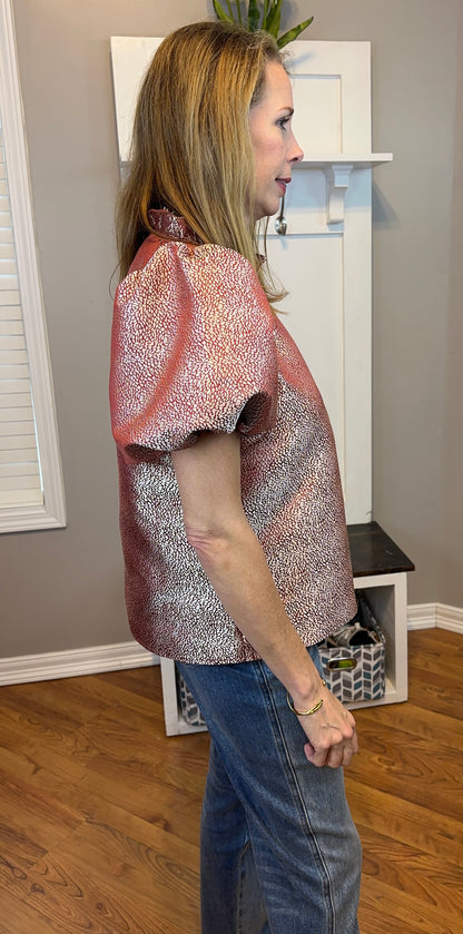 BiBi Jacquard Woven Short Balloon Sleeves V Neck Top