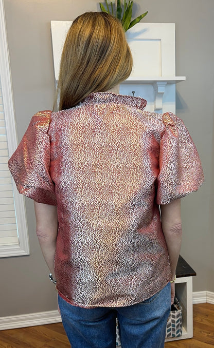 BiBi Jacquard Woven Short Balloon Sleeves V Neck Top