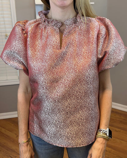BiBi Jacquard Woven Short Balloon Sleeves V Neck Top