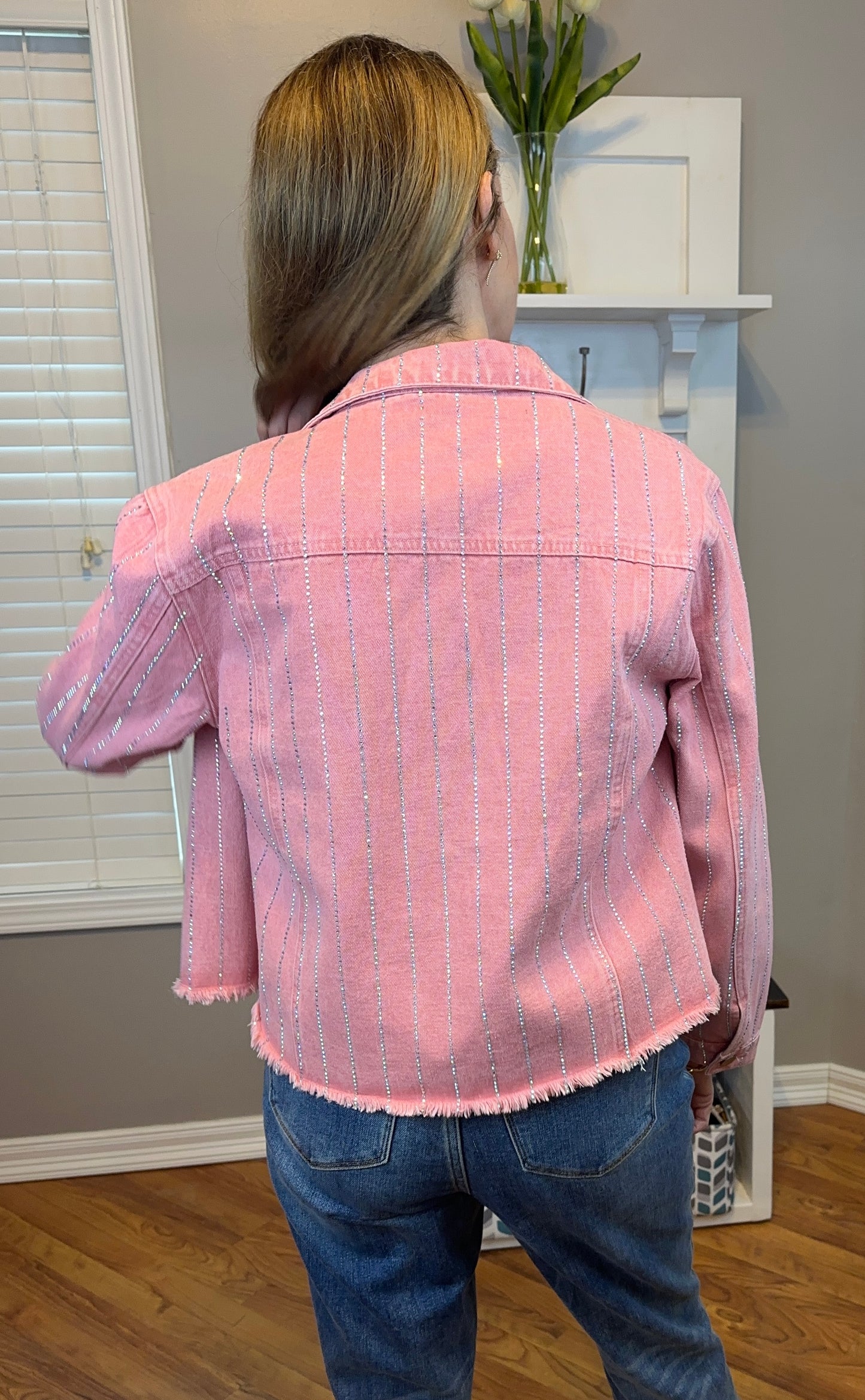 Restock! Pink denim jacket with sparkly rhinestones