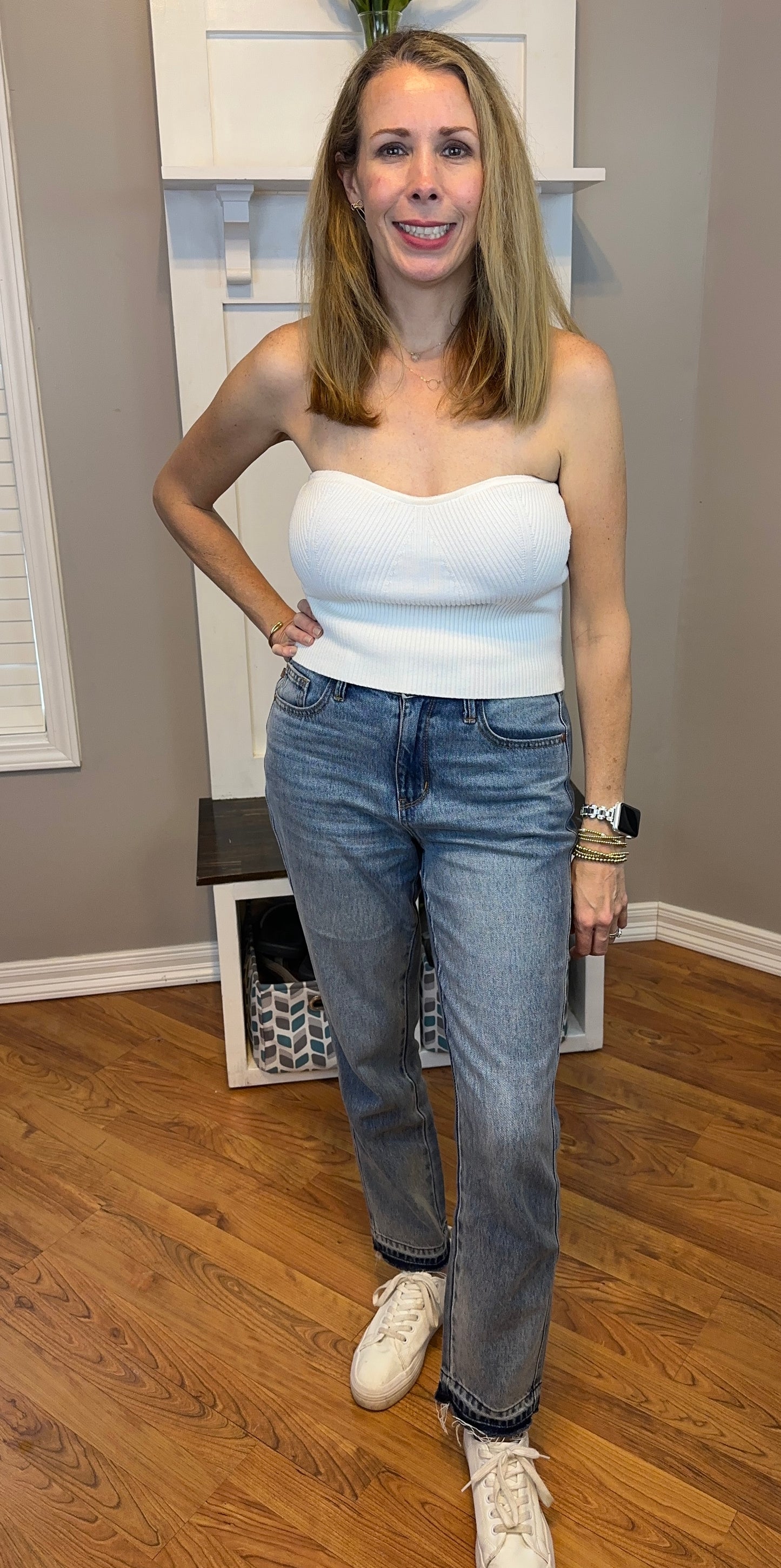 White strapless sweater knit tube top