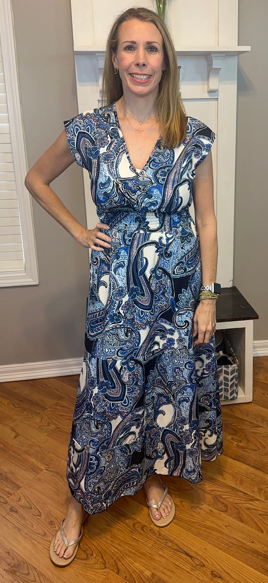Printed V-Neck Cap Sleeve Maxi Dress
