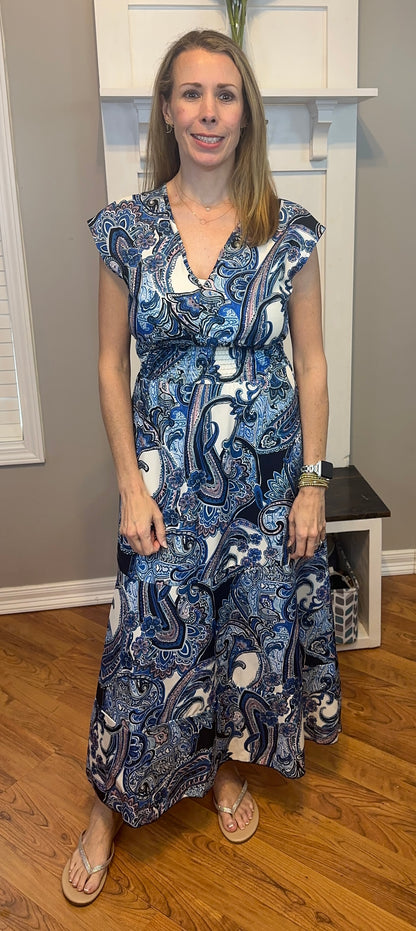 Printed V-Neck Cap Sleeve Maxi Dress