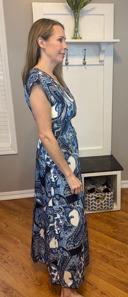 Printed V-Neck Cap Sleeve Maxi Dress