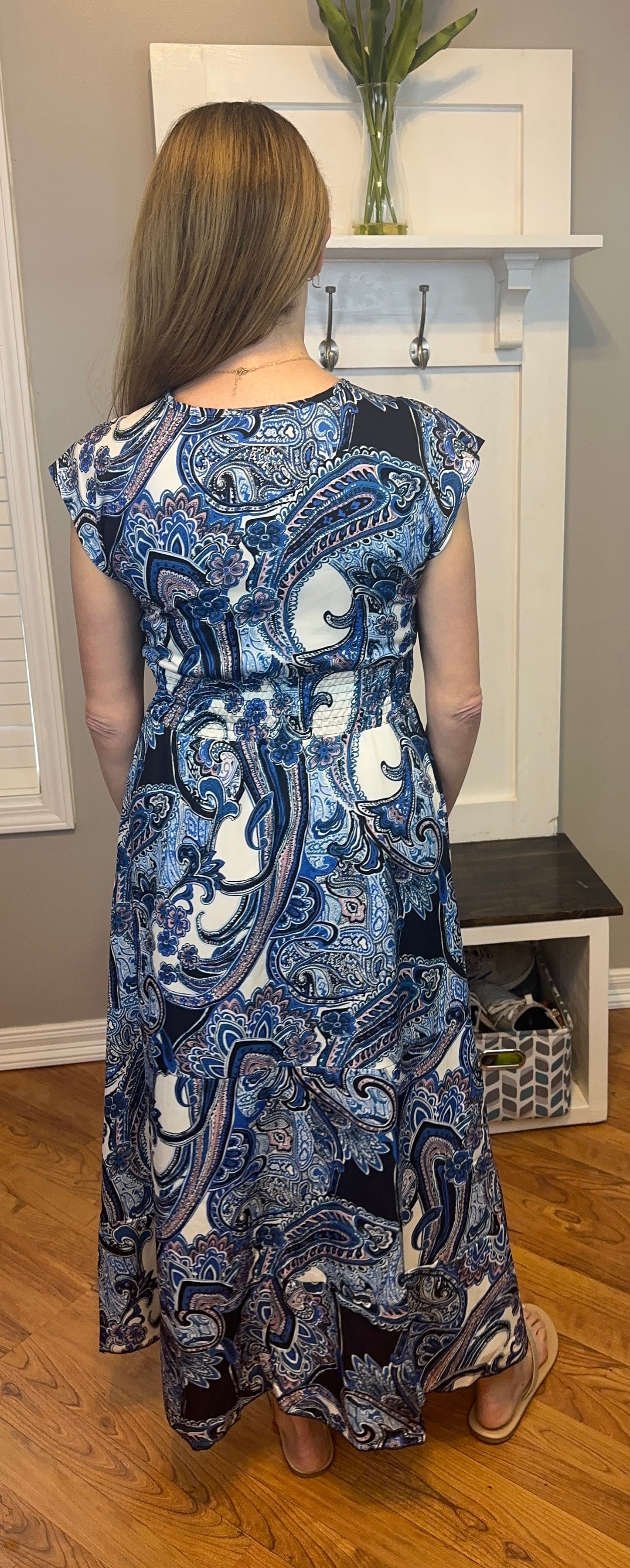 Printed V-Neck Cap Sleeve Maxi Dress