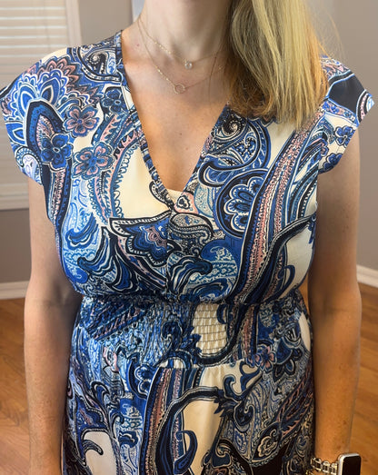 Printed V-Neck Cap Sleeve Maxi Dress