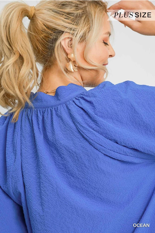 Ocean Blue Bubbled Sleeved Seersucker Top