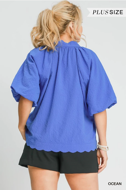 Ocean Blue Bubbled Sleeved Seersucker Top