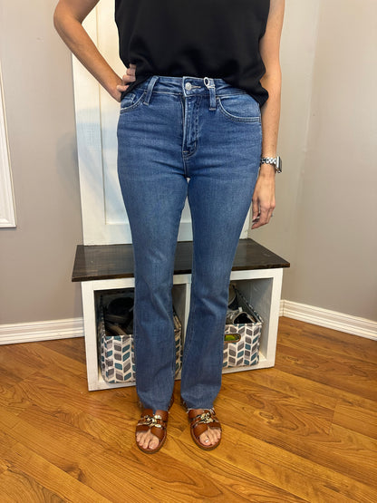 High rise clean cut raw hem bootcut jeans