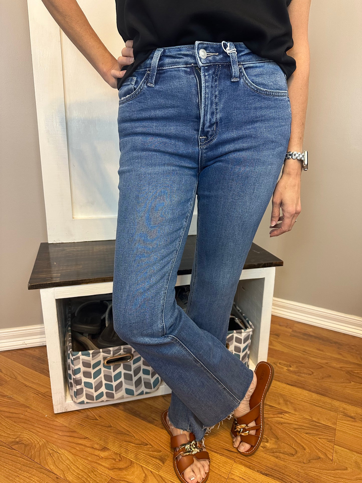 High rise clean cut raw hem bootcut jeans