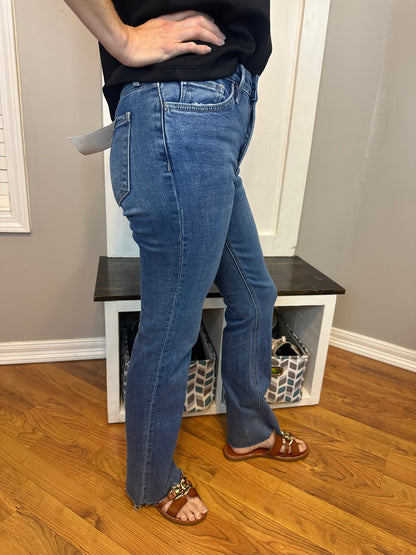 High rise clean cut raw hem bootcut jeans