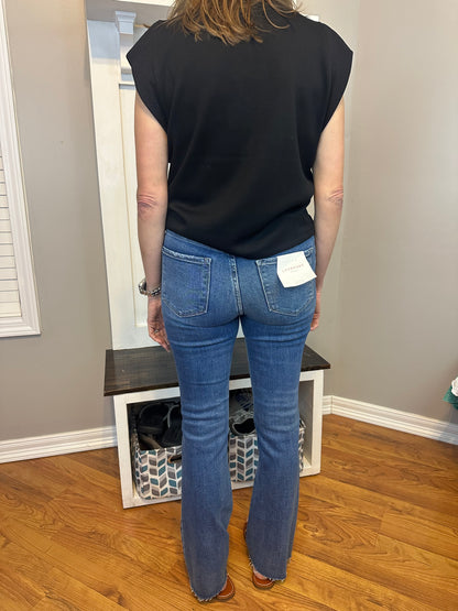 High rise clean cut raw hem bootcut jeans