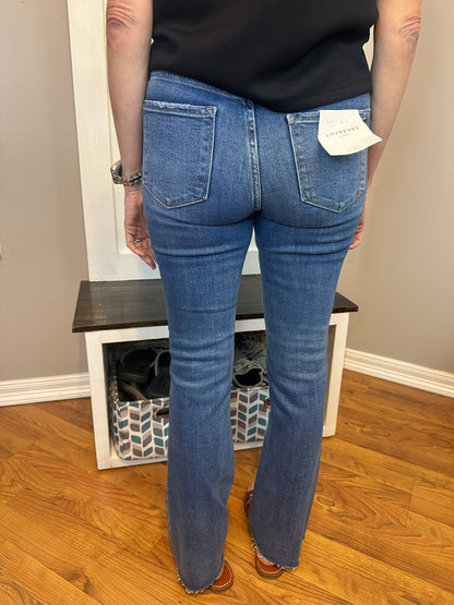 High rise clean cut raw hem bootcut jeans