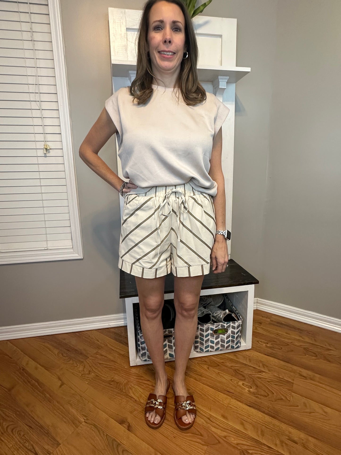 Taupe Stripe High-Waisted Shorts