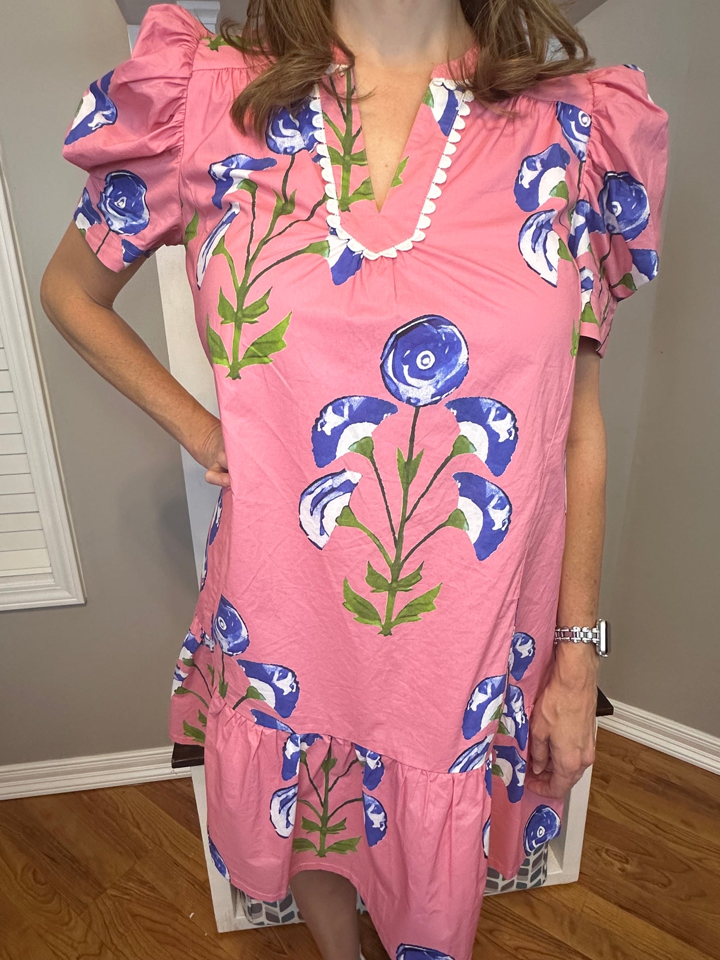 Umgee Floral Print Puff Sleeve Mini Dress with Scallop Trim