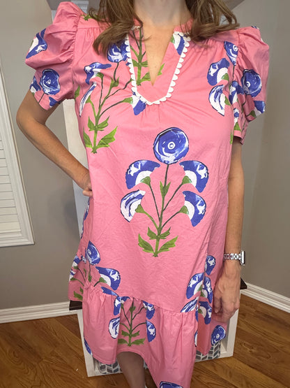 Umgee Floral Print Puff Sleeve Mini Dress with Scallop Trim