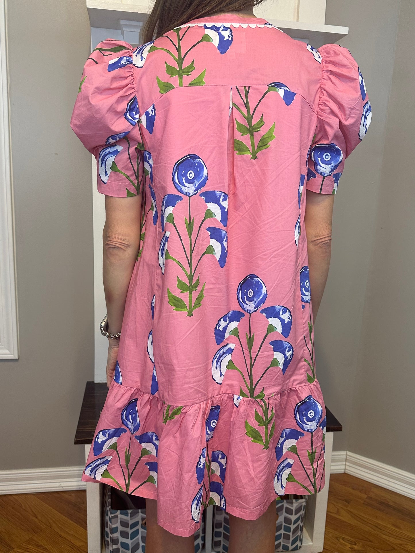 Umgee Floral Print Puff Sleeve Mini Dress with Scallop Trim