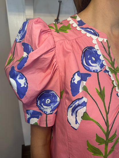 Umgee Floral Print Puff Sleeve Mini Dress with Scallop Trim