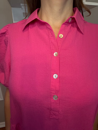 Hot pink solid collared button up dress featuring bubble hem and sleeves.