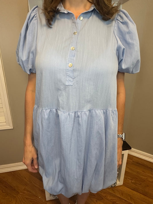 Chambray solid collared button up dress featuring bubble hem