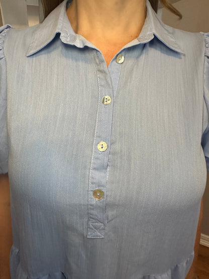 Chambray solid collared button up dress featuring bubble hem
