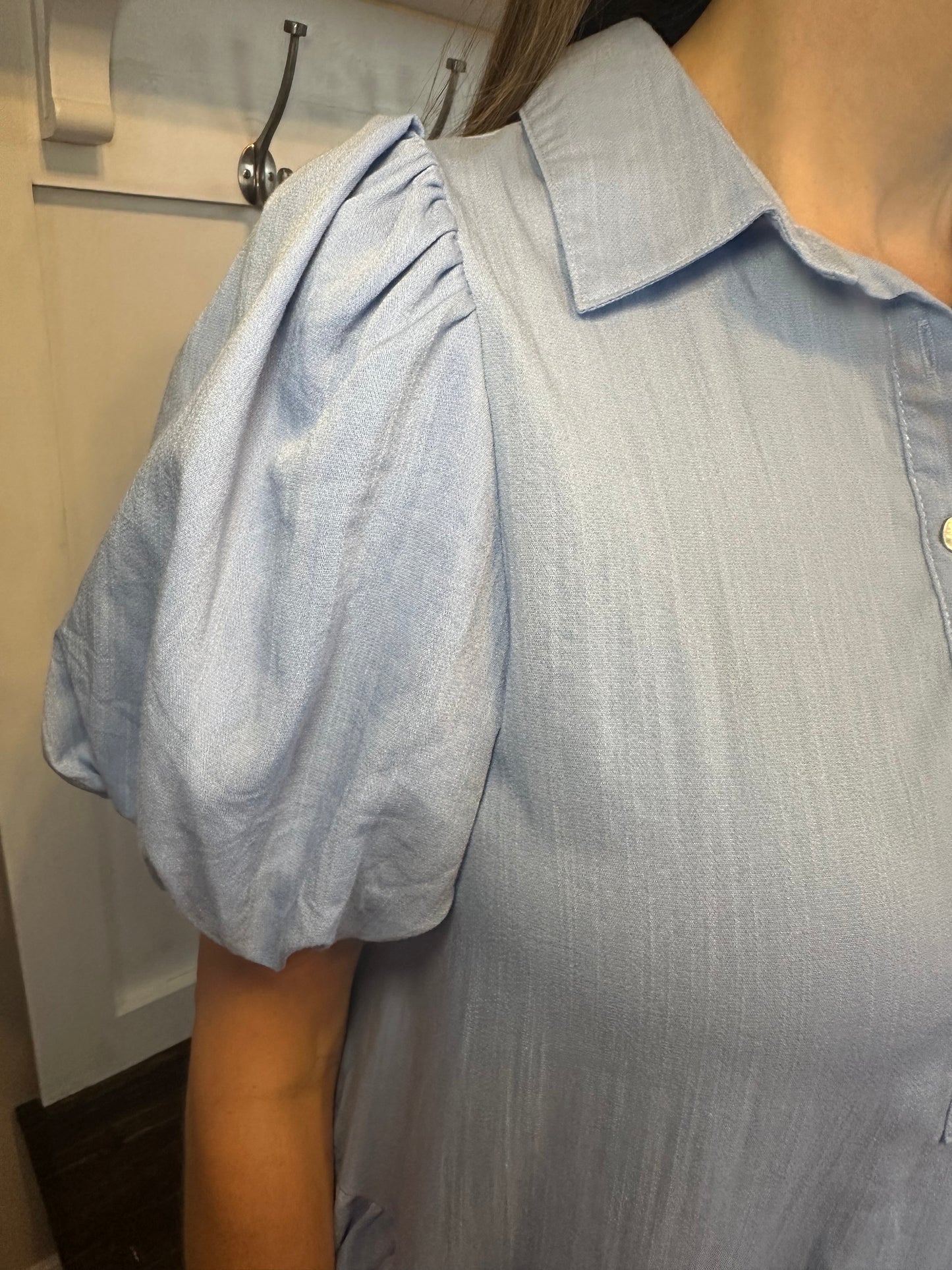 Chambray solid collared button up dress featuring bubble hem