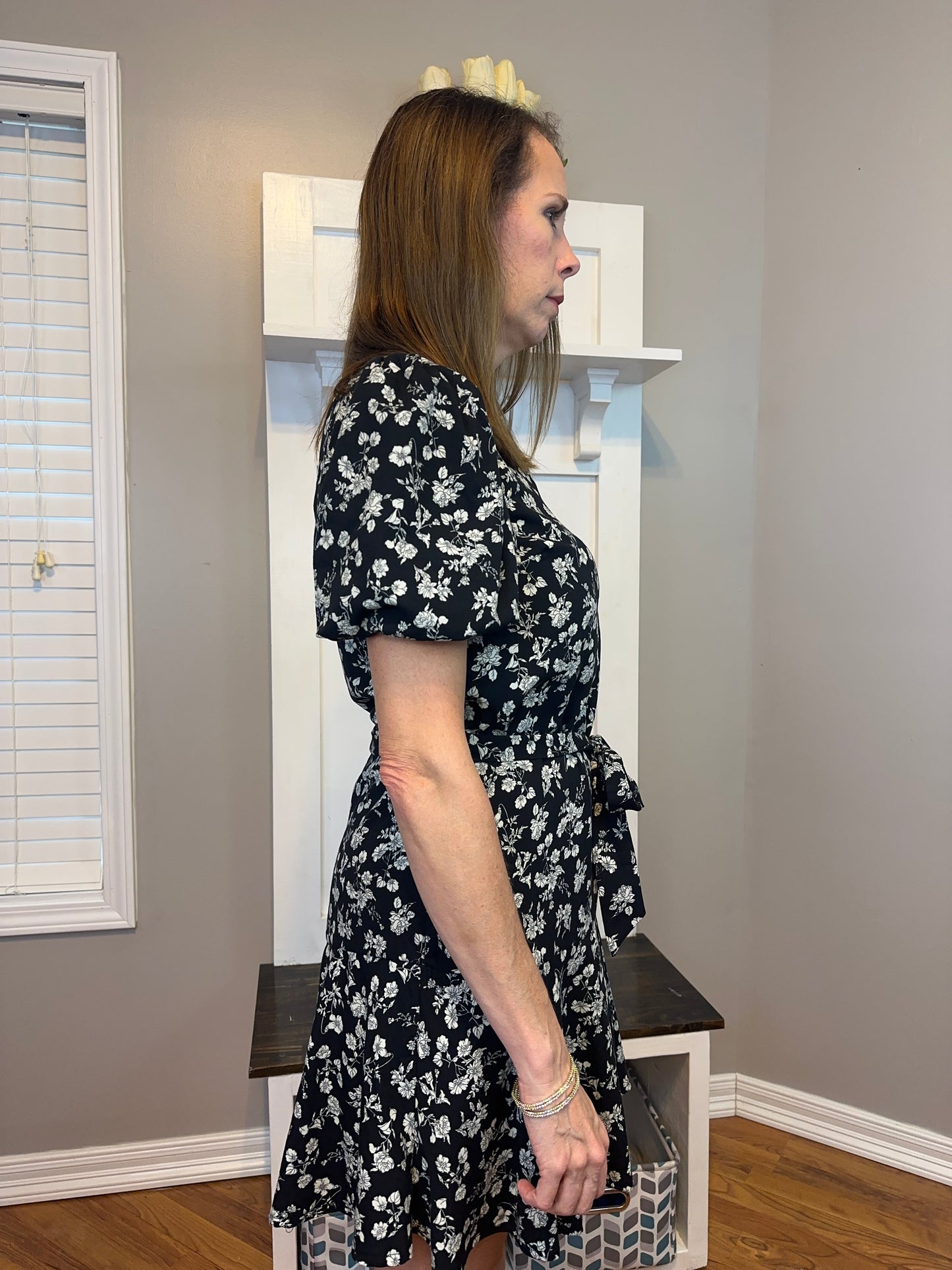 Floral Print Puff Shorts Sleeves Mini Dress