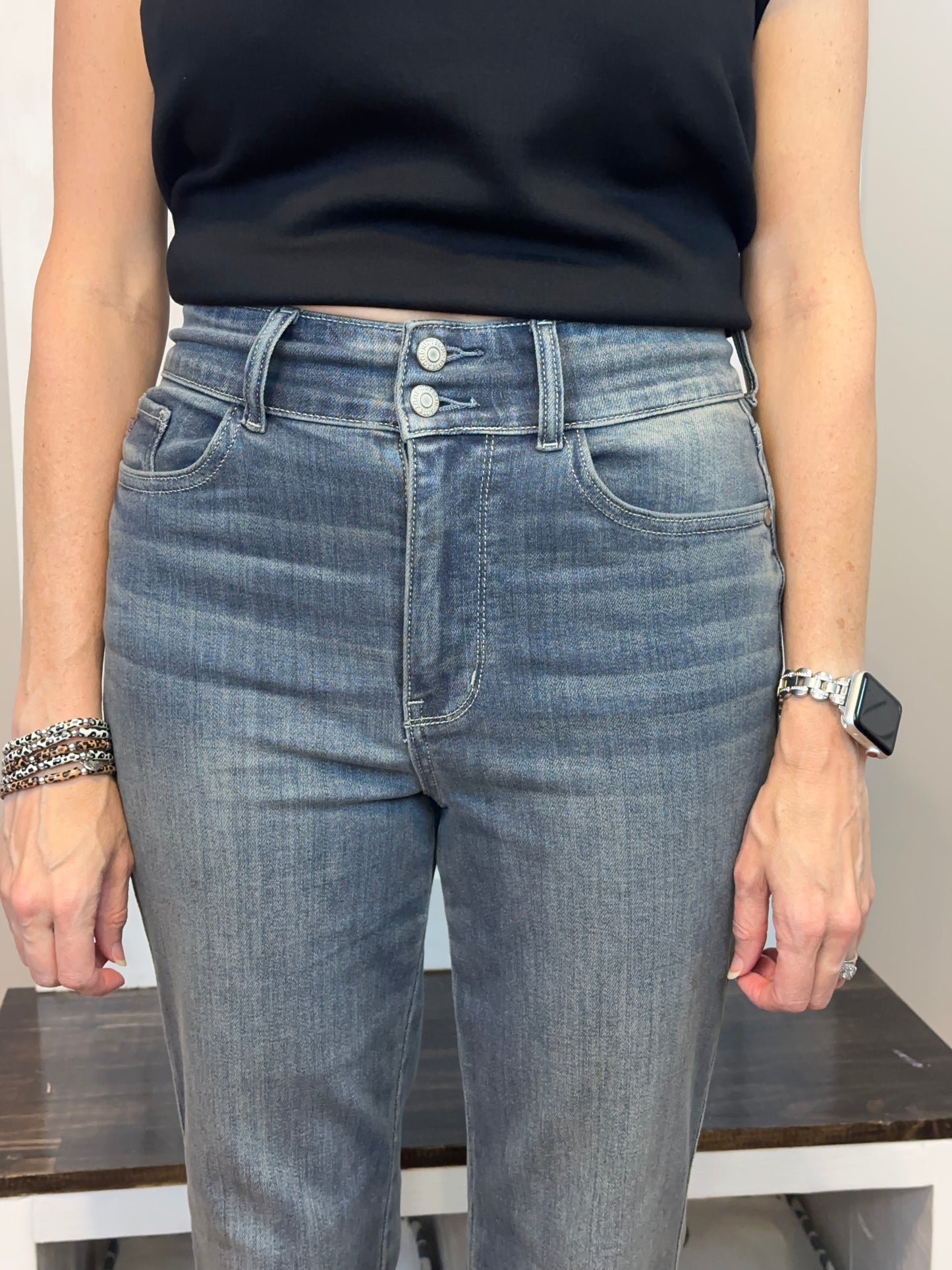 Judy Blue High Waist Bootcut Double Button Frayed Hem Jeans