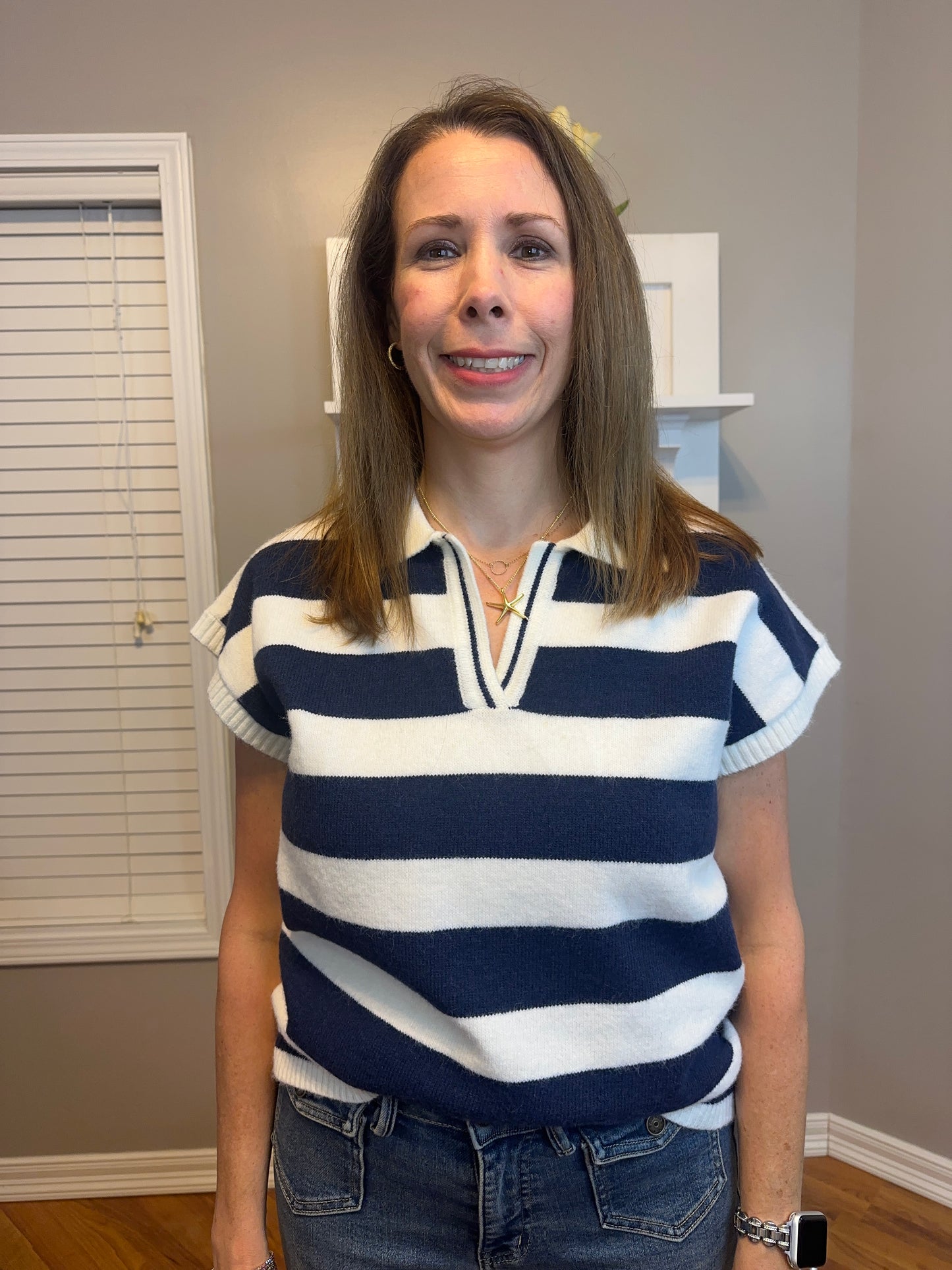 Zenana Striped Collared Short Sleeve Sweater