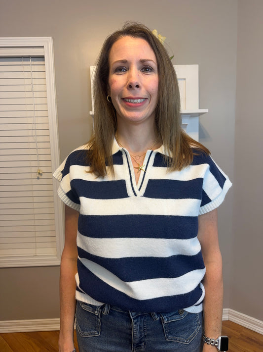 Zenana Striped Collared Short Sleeve Sweater