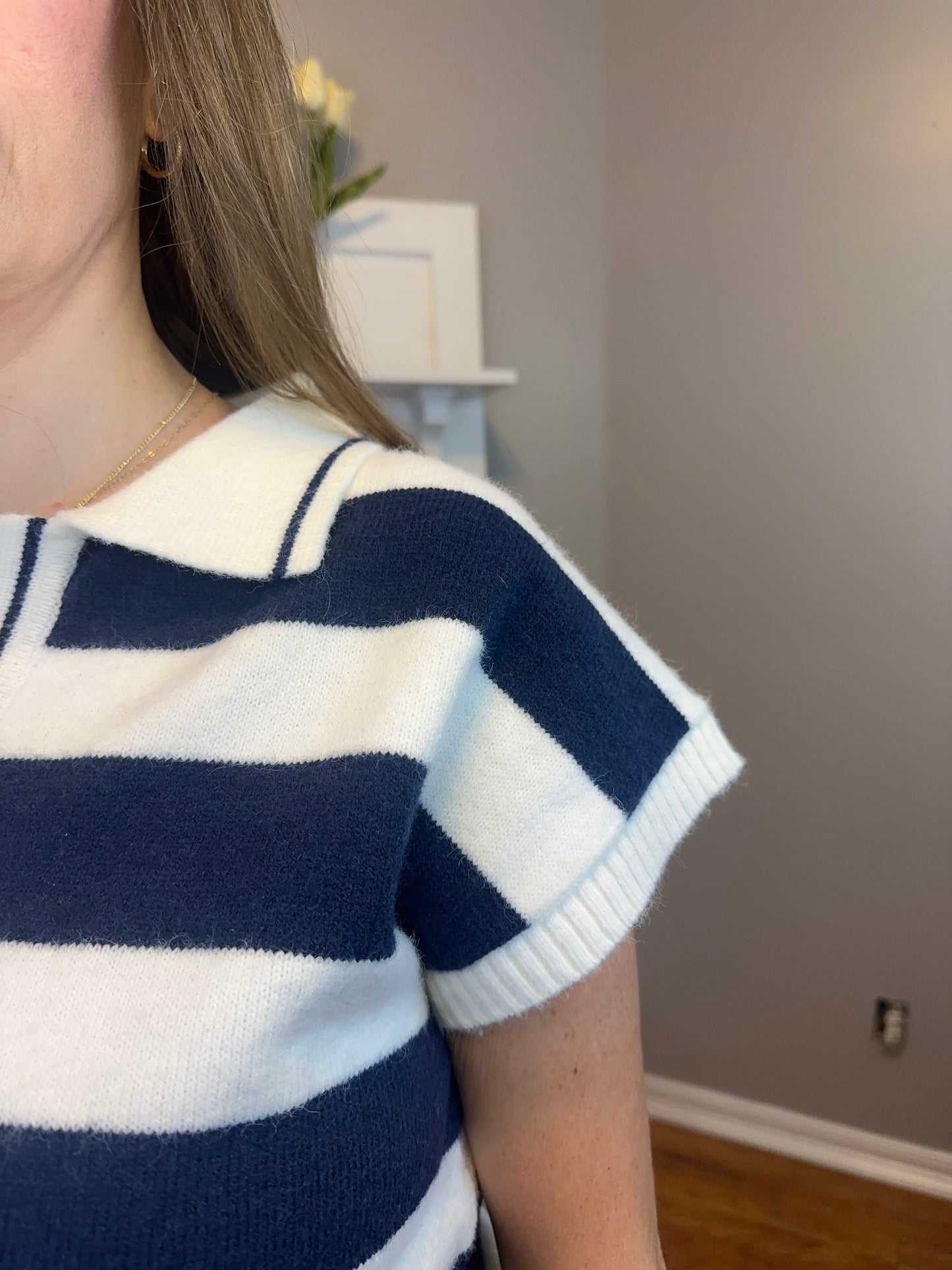 Zenana Striped Collared Short Sleeve Sweater