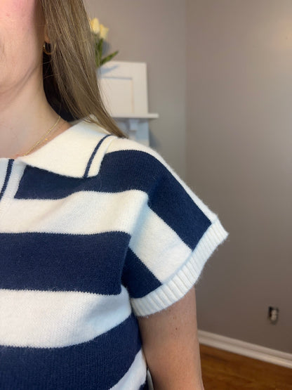 Zenana Striped Collared Short Sleeve Sweater
