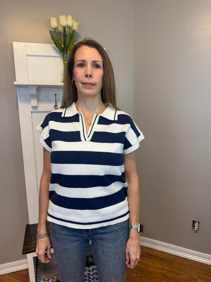 Zenana Striped Collared Short Sleeve Sweater
