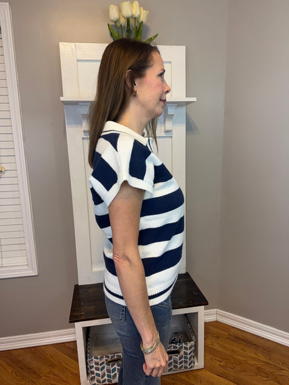 Zenana Striped Collared Short Sleeve Sweater