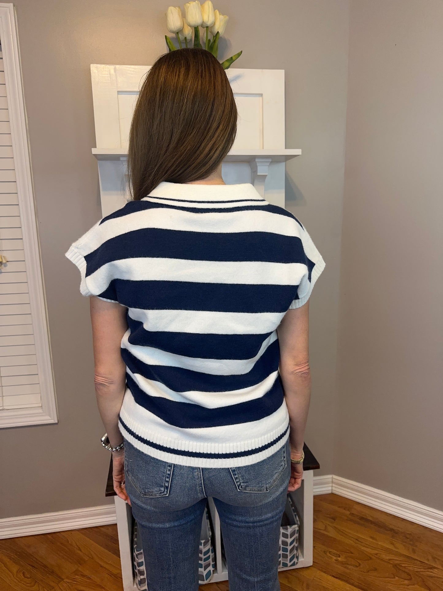 Zenana Striped Collared Short Sleeve Sweater
