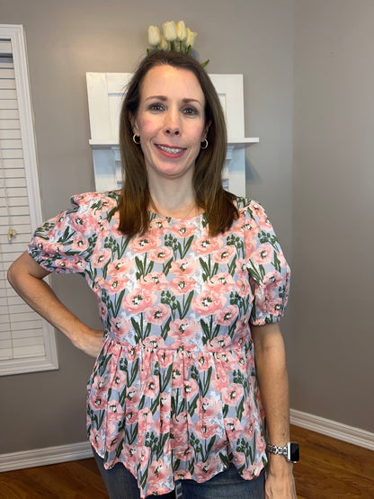 Floral Print Peplum Top with Back Ribbon Details