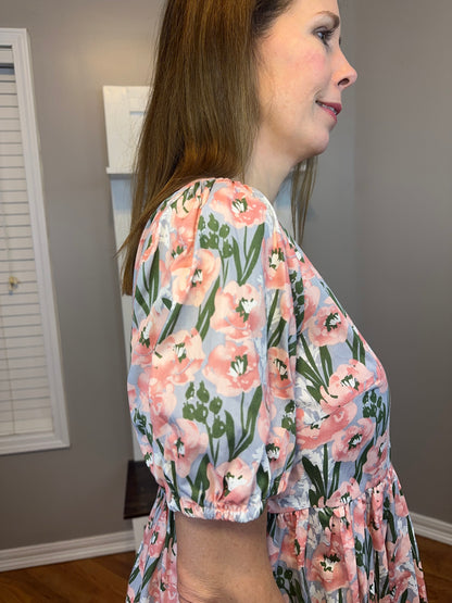 Floral Print Peplum Top with Back Ribbon Details