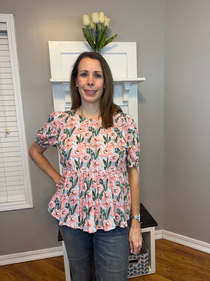 Floral Print Peplum Top with Back Ribbon Details