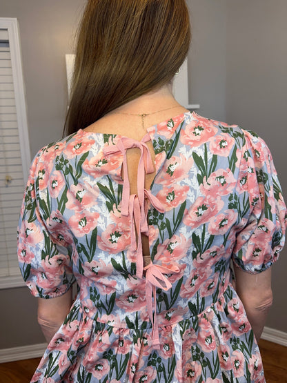 Floral Print Peplum Top with Back Ribbon Details