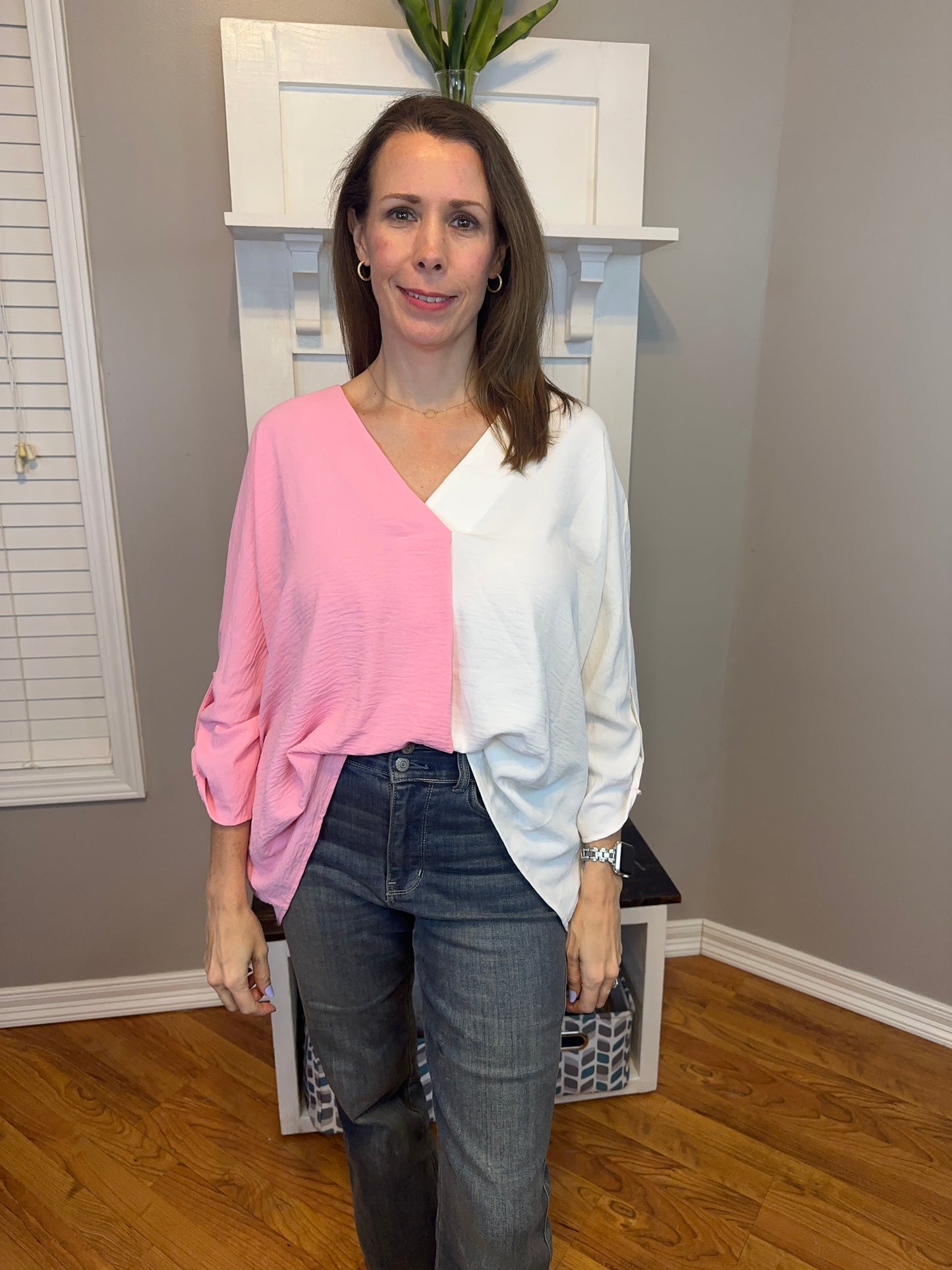 Baby Pink/White Combo 3/4 Sleeve Shirt