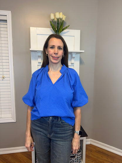 Ocean Blue Bubbled Sleeved Seersucker Top