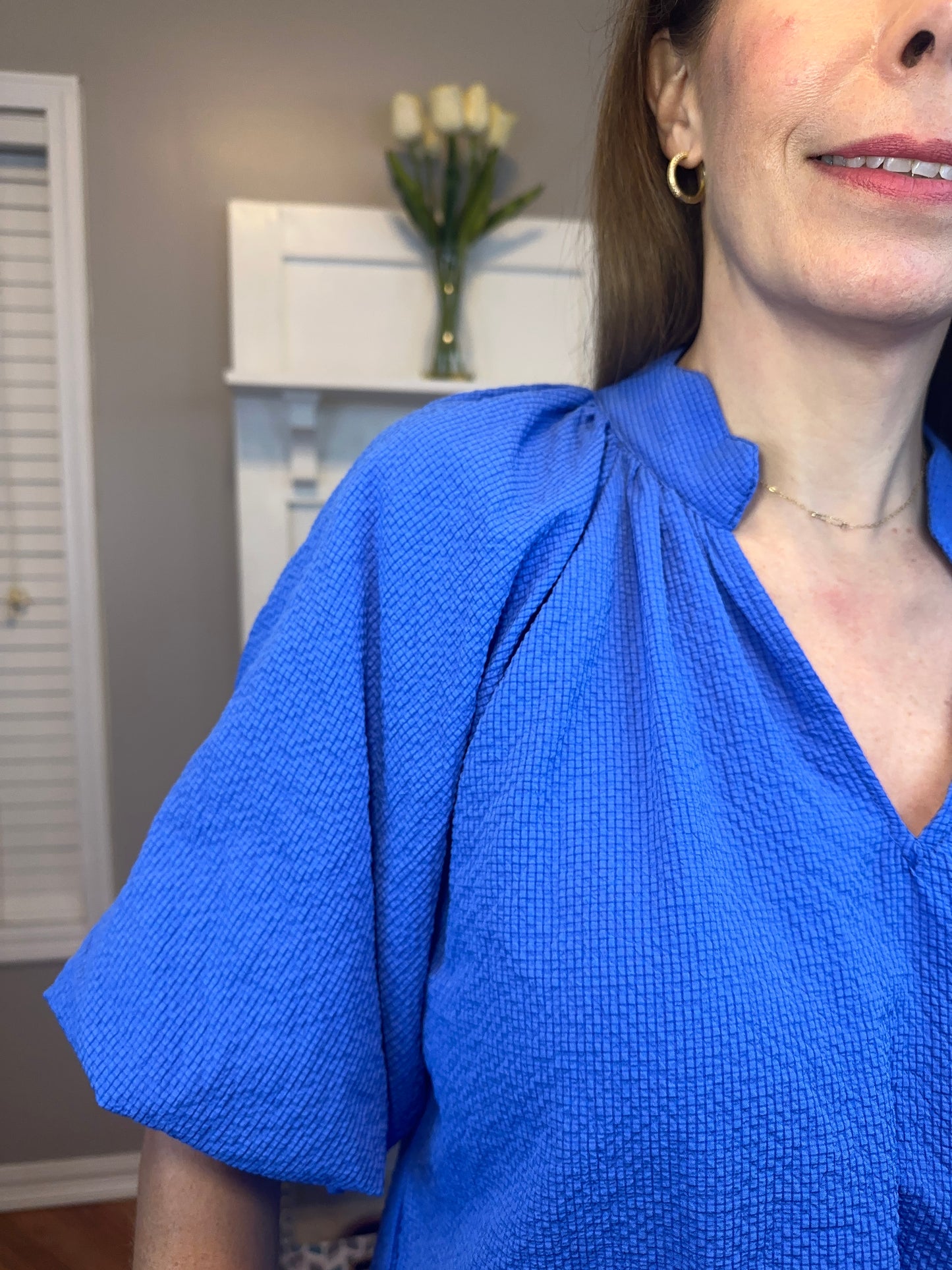 Ocean Blue Bubbled Sleeved Seersucker Top
